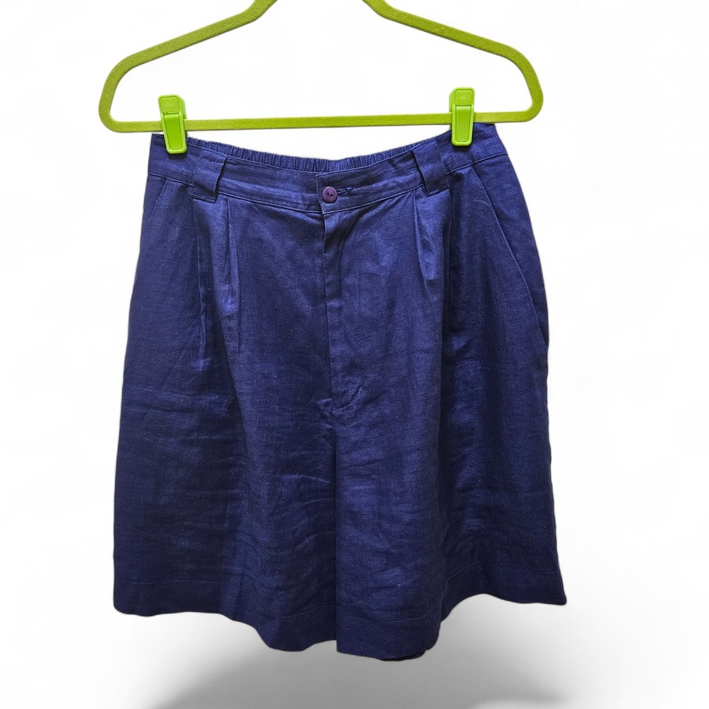 Cambridge Collection Navy Blue‎ 100% Linen Pleated Shorts Womens 12 Vintage High